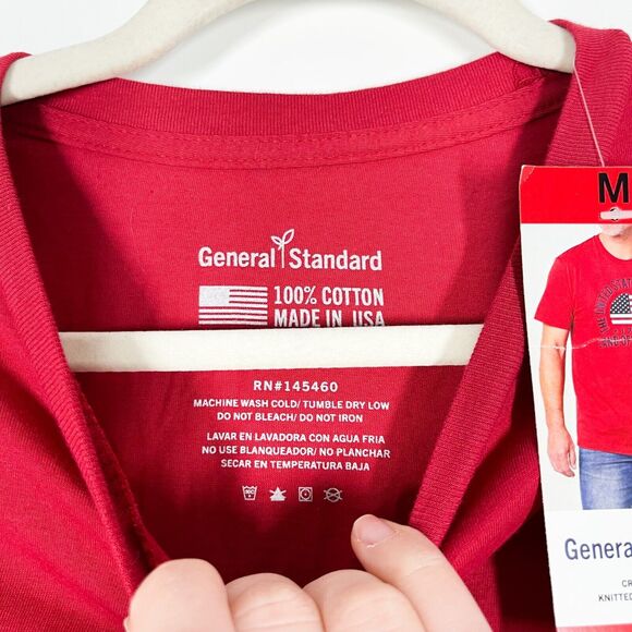 General Standard Land Of The Free T-Shirt Mens Red Pullover Cotton Sz Medium NEW - Picture 3 of 8
